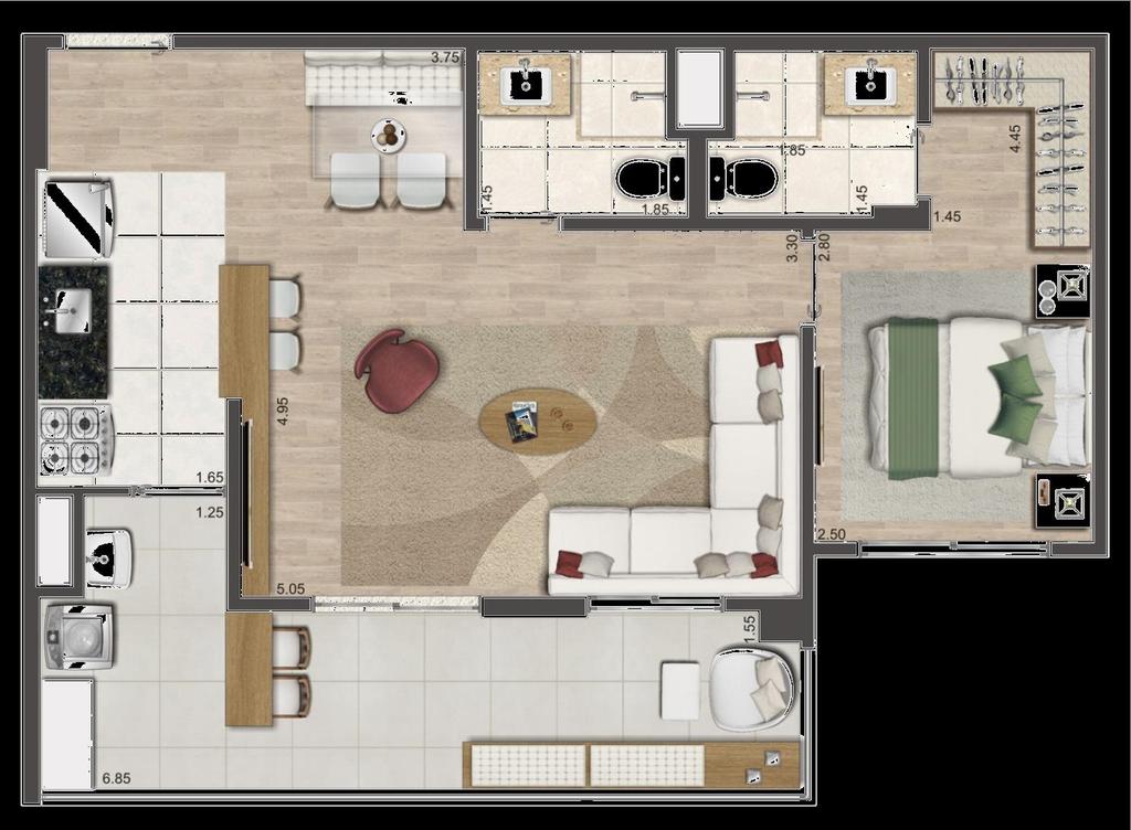 PLANTA TIPO OPÇÃO 1 SUÍTE COM SALA AMPLIADA - 62 m² - FINAL 1,4,5 E 6 Ponto de tomada