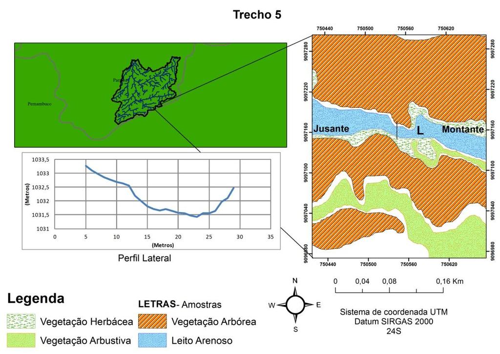 Figura 9: Mapa de uso e ocupação do Trecho 5. Fonte: Os autores Os dados revelam a influência da turbulência do fluxo na dinâmica processual da sedimentação (tabela 7).