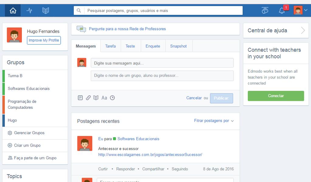 4 Figura 1. Visão geral da plataforma Edmodo na perspectiva do professor.