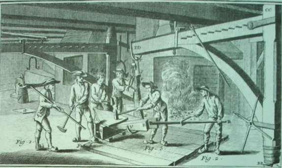 Imagem 3 - Forja de âncora na França do século XVIII. Manualmente, artesãos com uso de martelos, fixam a pata ao braço da âncora.