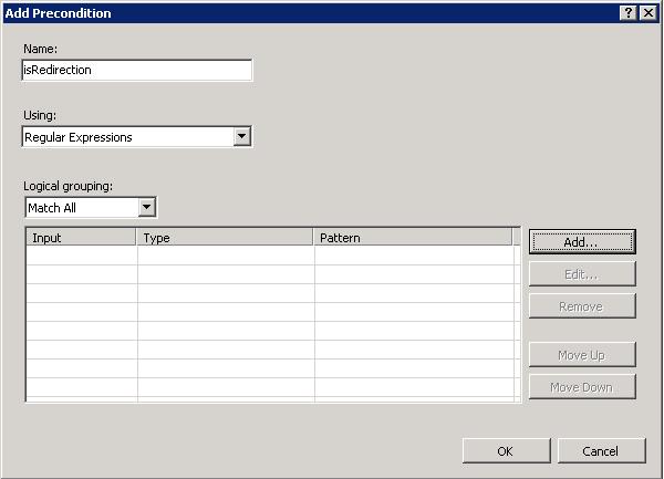 Informe as seguintes informações na tela Add Condition : Condition Input : {RESPONSE_STATUS} Pattern: 3\d\d Clique no botão OK. Na tela de Preconditions for Outbound Rules, clique novamente em Add.