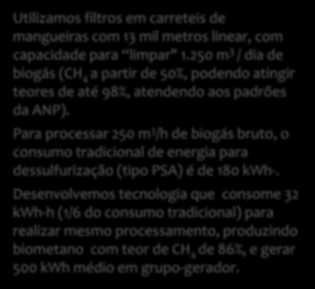 processamento, produzindo biometano com teor de CH 4 de 86%, e gerar 500 kwh médio em grupo-gerador.