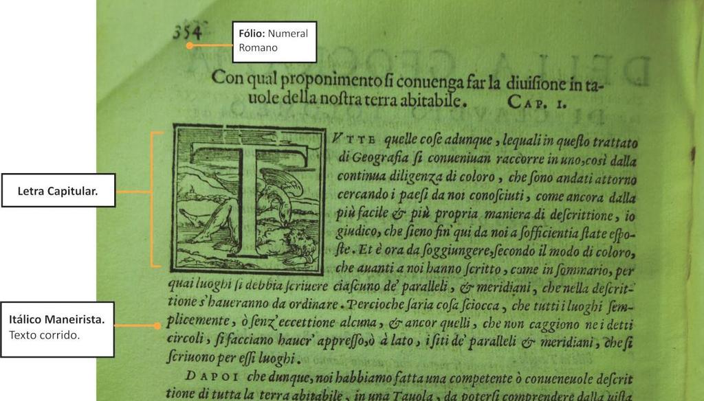 Figura 2: Página 354 do livro La Geografia (1564) de Claudio Tolomeu Alessandrino. Outra característica importante presente nos livros antigos é o uso de Reclamos.