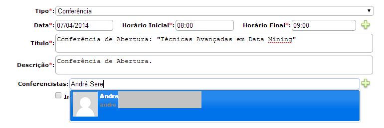 Dependendo do tipo de programação selecionada, o sistema permitirá vincular pessoas como palestrante, professor de minicurso, coordenador, etc.