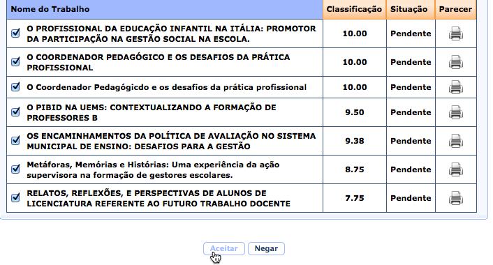 Figura 46 - Aceitar trabalhos Caso seja necessário verificar os pareceres para o