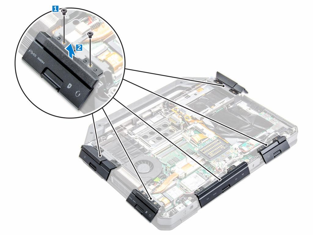 Remoção das portas com fecho de pressão Remova os parafusos que fixam a porta com fecho de pressão e levante-a do computador [1,2]. Instalação das portas com fecho de pressão 1.