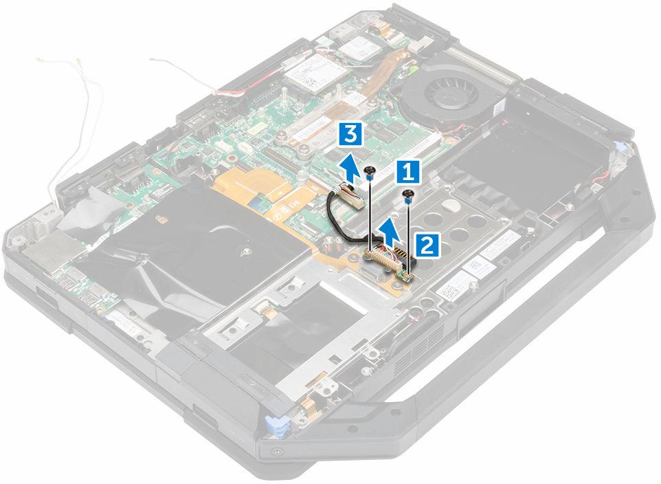 3. Para retirar o conector da bateria: a. Desligue o cabo do conector da bateria [1]. b. Retire os parafusos que fixam o conector da bateria [2]. c. Levante o conector da bateria [3].