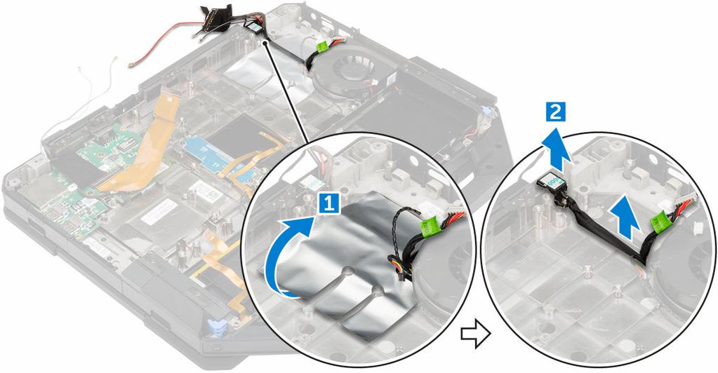 h. tampa da base i. bateria 11. Siga o procedimento indicado em Após efectuar qualquer procedimento no interior do computador. Conector de alimentação Remoção do conector de alimentação 1.