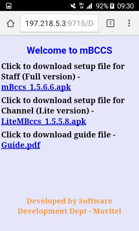 Parte 1 Baixar e instalar o sistema mbccs 1.1 Baixar Etapa 1: Abrir o navegador no telefone (Chrome, Firefox, Opera ) Etapa 2: Inserir link: http://197.218.5.