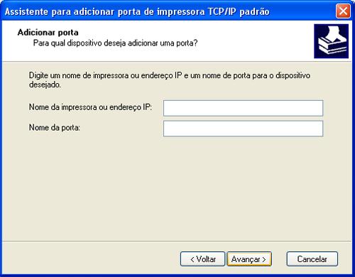 4 Selecione Impressora local conectada a este computador e clique em Avançar. 5 Selecione Criar uma nova porta, escolha Porta TCP/IP padrão e clique em Avançar.