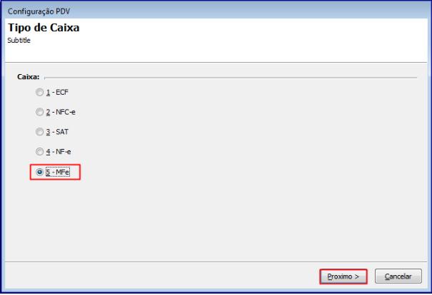 6.4 Selecione a opção 5 - MF-e, em seguida clique o