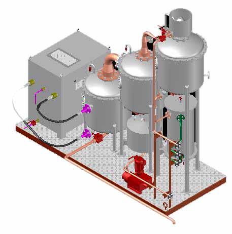 A operação é realizada em um aparelho compacto de destilação de três corpos EXAL, também conhecido por ALEGRIA devido à facilidade de operação, recuperação do álcool e alta eficiência térmica,