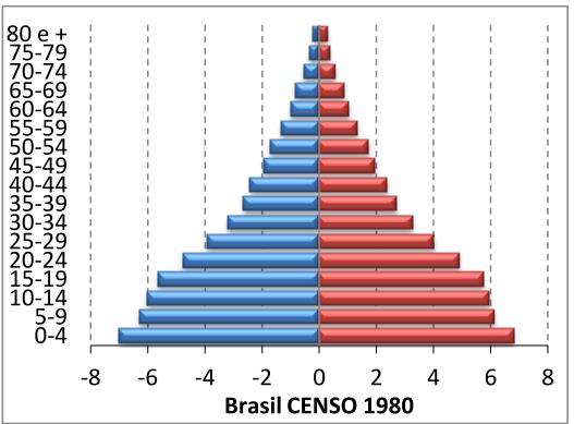 Estrutura etária e dinâmica da pop Pirâmide etária representa a estrutura da população por idade e sexo. Brasil 1980. - Mostra a ligação entre fecundidade, natalidade e distribuição etária.