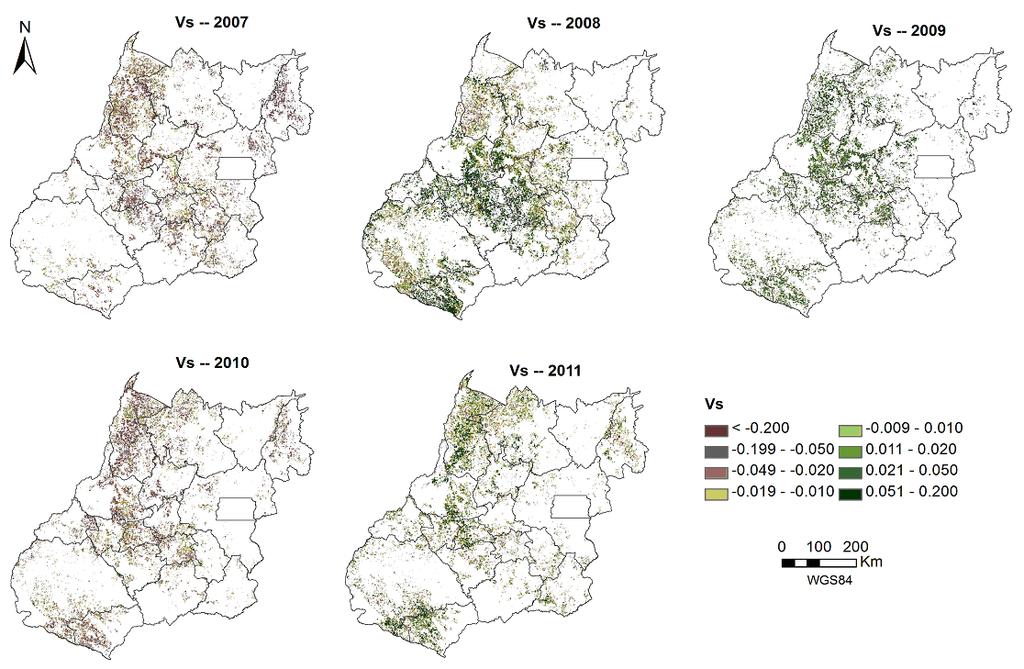 Monitoramento de processos de degradação de pastagens a partir de dados Spot Vegetation 11 Resultados e discussão A Figura 2 mostra a variação máxima do NDVI em relação à média para áreas de