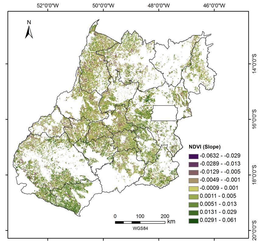 12 Monitoramento de processos de degradação de pastagens a partir de dados Spot Vegetation A Figura 3 mostra heterogeneidade de condição da cobertura vegetal nas áreas de pastagens plantadas no