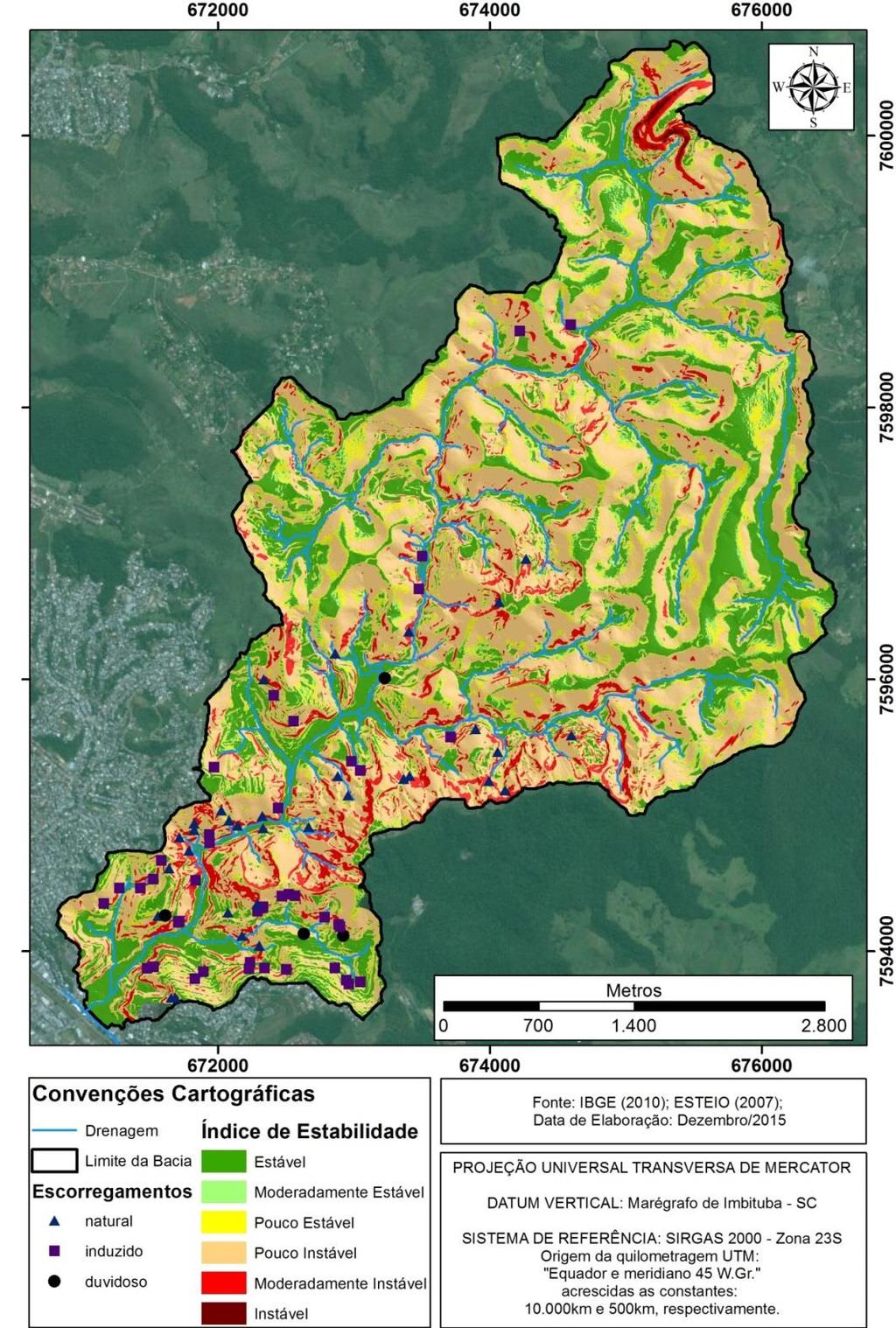 FIGURA 6: Mapa de Estabilidade de Encostas da Bacia do Yung FONTE: Elaborado pelo próprio autor Diante dos dados, pouco mais de 54% da área da Bacia Hidrográfica do Córrego do Yung ou 10,67km² do