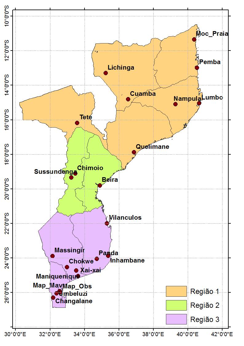 3. Tratamento de dados e determinação de regiões homogêneas. 33 Figura 3-7: Distribuição espacial aproximada das três regiões homogêneas quanto a distribuição da precipitação.