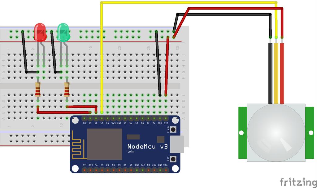 Esquemático do circuito O sensor PIR possui 3 pinos um vcc um gnd e uma saída (out) que envia o sinal digital alto (1) ou baixo (0).