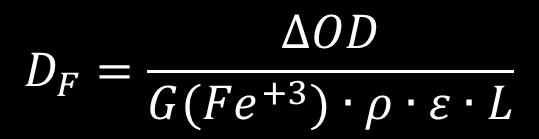1. Bases da dosimetria Fricke ΔOD: diferença de densidade óptica entre solução não irradiada e solução irradiada (diferença de absorbância); G(Fe+3) : rendim.