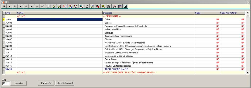 SISTEMA SCPH: Interligações/Exportação DIPJ: Utilize esta opção para configurar as contas de cada linha das fichas de Demonstrações da DIPJ, a serem utilizadas na geração pelo sistema EFPH.