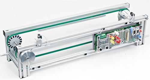 2 Esteira transportadora de cinta dupla, motor de 24 V LM9606 1 Módulo mecatrónico básico, acionado por meio de um motorredutor de 24 V e velocidade variável, equipado com sensores de fim-decurso e