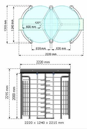 B- Motorizado (opcional): Quando recebe a autorização desbloqueia e espera ser empurrado para girar automaticamente 120º para permitir passagem.