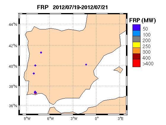 Incêndio de Tavira: Deteção Remota Produto FRP : Ocorrência Incêndios e Carbono Libertado Carbono (CO 2 equivalente) libertado por fogos florestais em julho de 2012, baseado no produto FRPPIXEL da