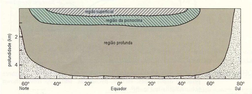 Estrutura vertical (típica) do oceano Em cima: Perfis verticais da temperatura típicos para as