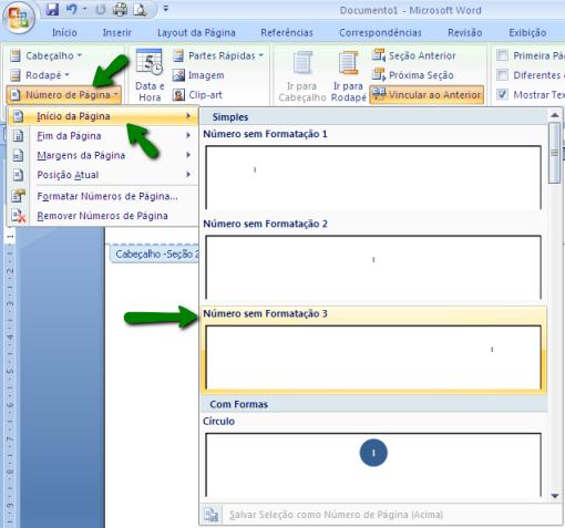 esquerda), selecionar: Número de Página; Início de Página