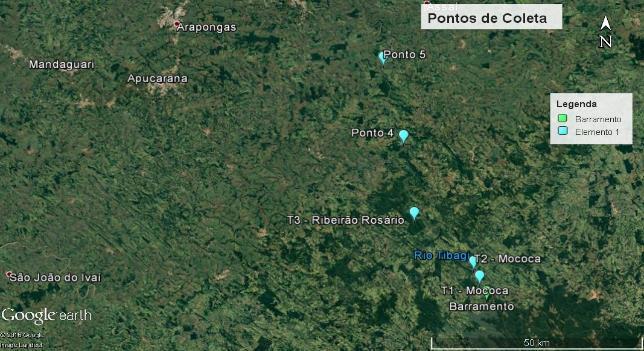 Figura 1) denominados de Ponto 1, Ponto 1, Ponto 3, Ponto 4 e Ponto 5 ou P1, P2 consecutivamente, nas 4 ultimas campanhas, foram analisados apenas os 3 primeiros pontos (P1, P2 e P3), como previsto