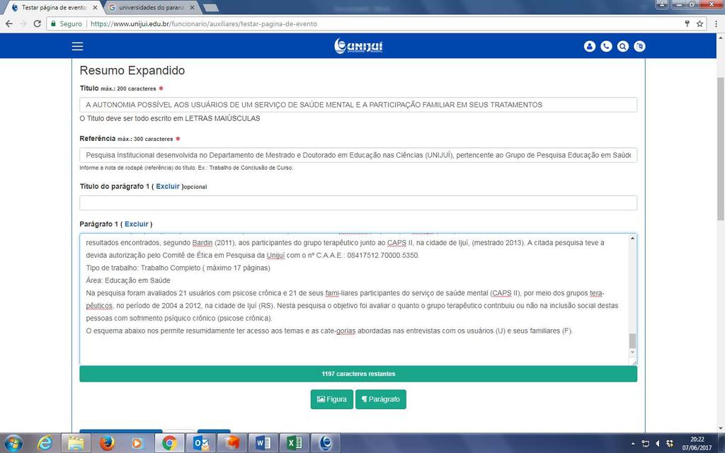 12. Nos campos, como indicado abaixo, devem ser observadas as informações solicitadas: título do trabalho, referência do título. Estes itens são obrigatórios para postagem do trabalho.