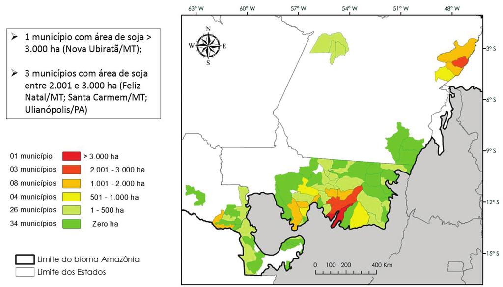 (Tabela 5). Estes correspondem a 76,1% da soja detectada neste monitoramento e a 4,0% do total da área desflorestada no bioma Amazônia do Mato Grosso, no período da Moratória (544.117 ha; Tabela 1).