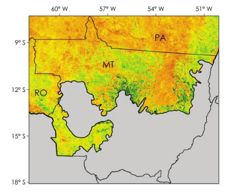 60º W 55º W 60º W 55º W 10º S (c) Imagem CEI 10º S (d) Imagem OLI/ Landsat - 8 de 02/01/2015 15º S 15º S 12º10' S 12º10' S 12º11' S 12º11' S 56º26' W 56º24' W 56º22' W 56º20' W 56º26' W 56º24' W