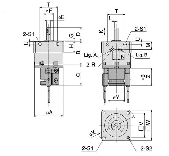 Cilindro rotativo Modelo de montagem livre Série CDRBU2 Modelo de palheta dupla CDRBU2W-D As figuras abaixo mostram a posição de rotação intermédia quando a ligação A ou B é pressurizada.