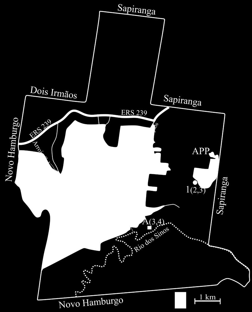Figura 1: Ilustração do município de Campo Bom, com as médias das frequências de micronúcleos nos respectivos pontos amostrais. 1. Borda florestal; 2. Interior; 3. Ponto da área urbana; A e B.