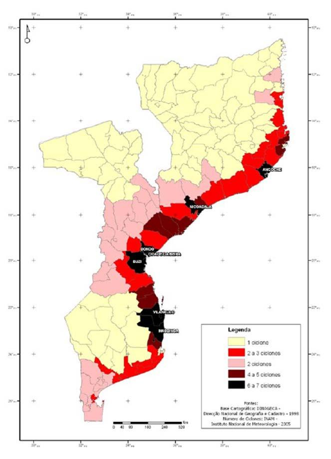 De acordo com o INAM, no período compreendido entre 1993 e 2012, foram registados em Moçambique cerca de 40 eventos ciclónicos, 9 dos quais classificados como muito intensos (com velocidade máxima