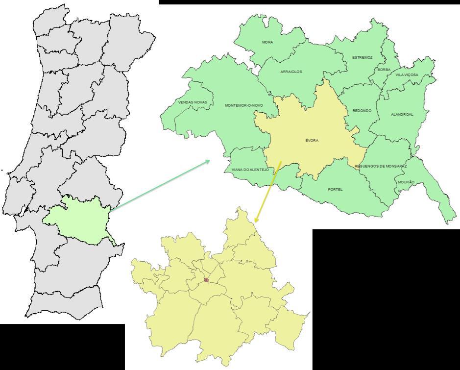 3.2 Enquadramento da zona de estudo A cidade de Évora situa-se na região do Alentejo, a sul de Portugal, a 131km a sudeste de Lisboa e a 63,5km da fronteira com Espanha (Figura 17).