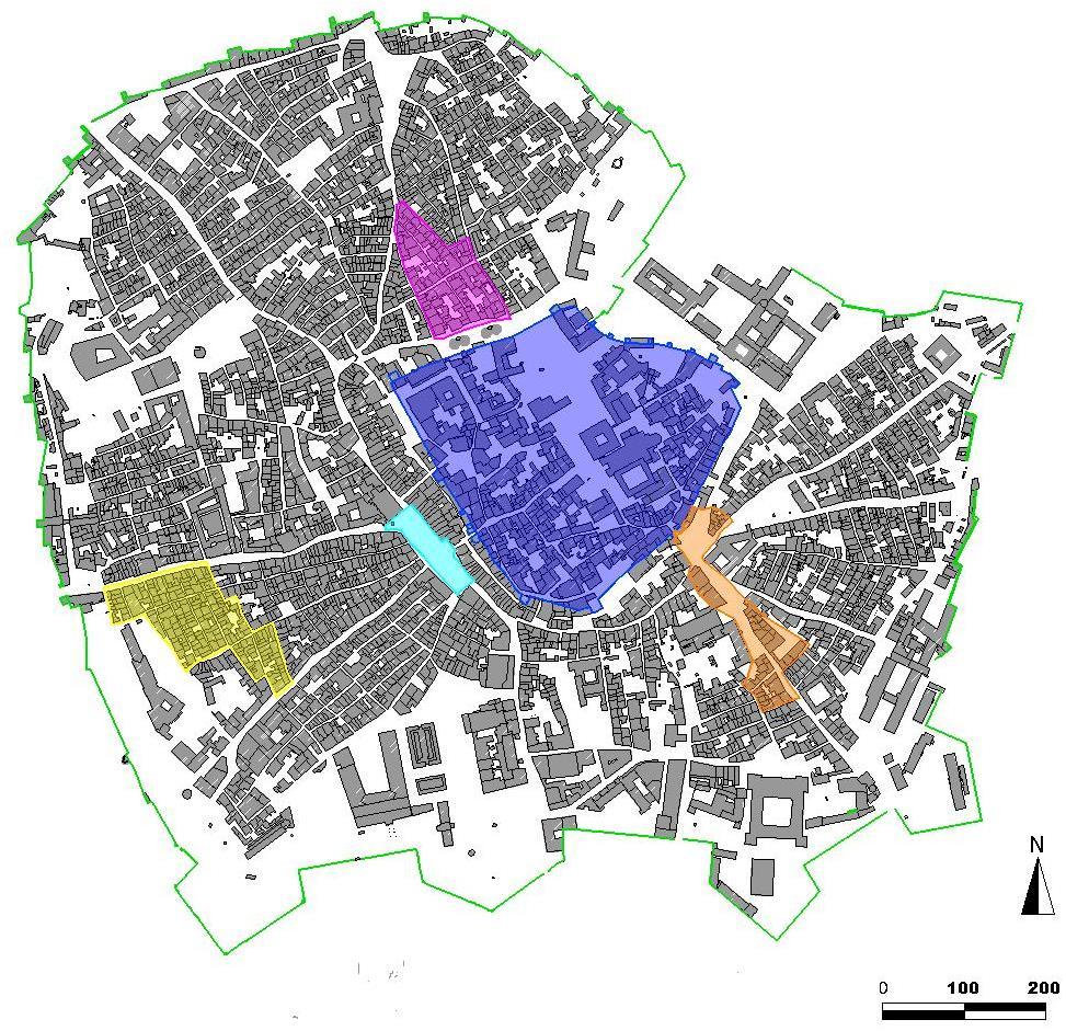 Figura 19 Evolução histórica de Évora A cidade original romana está representada no centro da zona de estudo em azul.