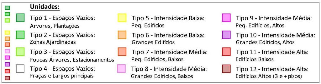 Figura 23 Planta das Unidades USU de Évora O gradiente de cores da figura anterior representa o aumento gradual das Intensidades Urbanas das Unidades das áreas construídas (Zonas Tipo 5 a Tipo 12), a