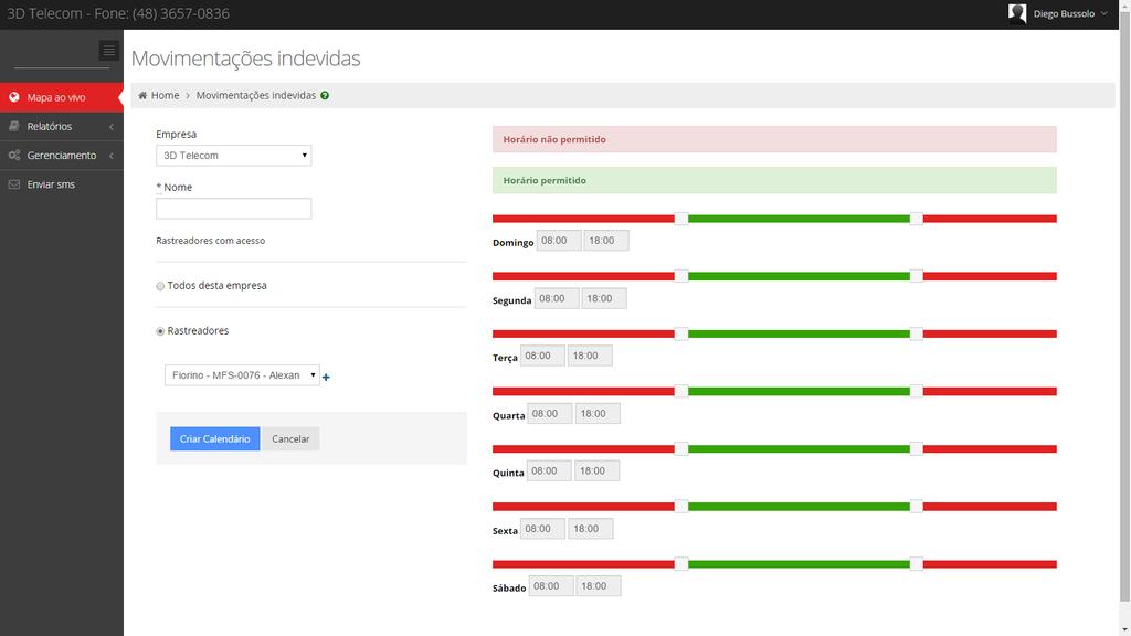 Movimentações indevidas. Cadastro de horários que o veiculo pode se mover, caso ele se mova por exemplo domingo, informar via e-mail. Pode ser criado por dia, horário, etc.