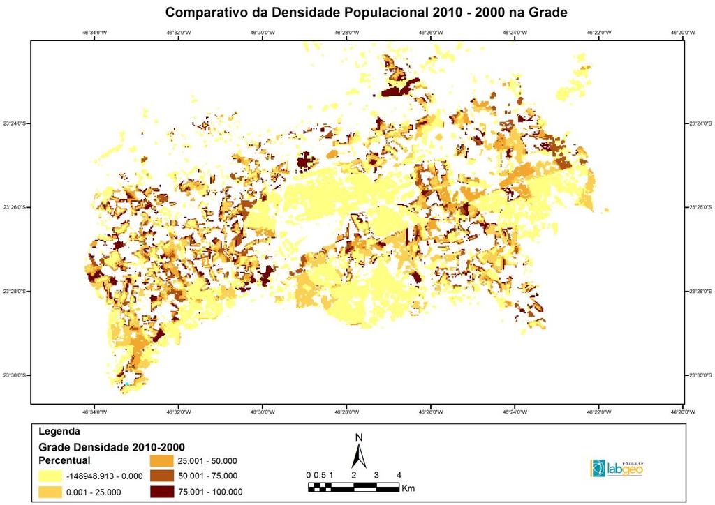 Assim como os resultados individuais dos anos de 2000 e 2010, o mapa comparativo da densidade populacional (figura 11) que expressa a diminuição ou aumento populacional foi suavizado, perdendo
