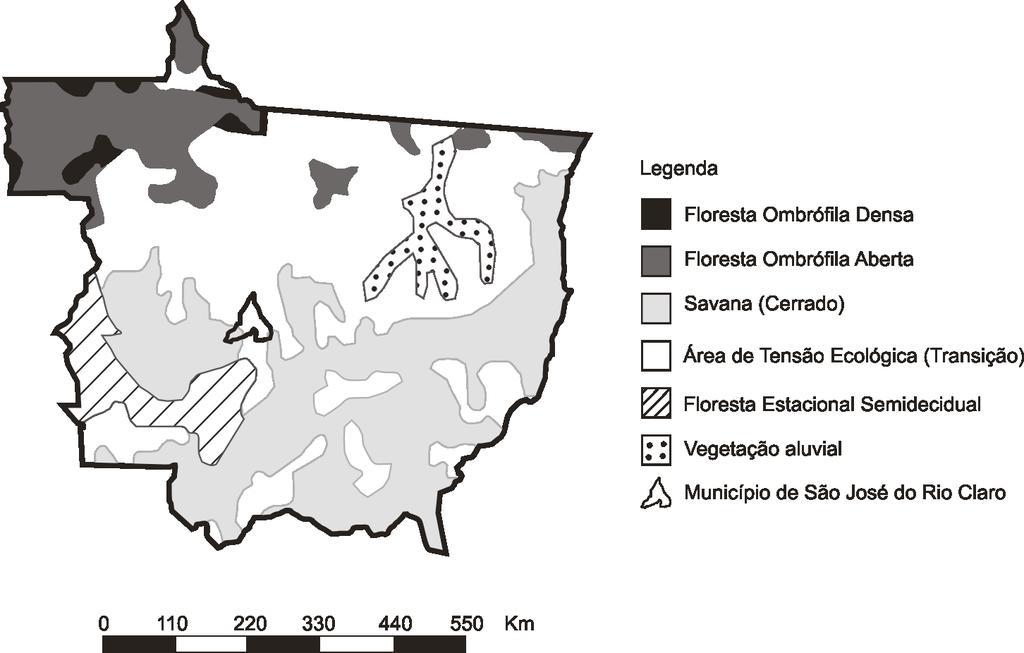 Figura 1 Localização do município de São José do Rio Claro e formação florestal do Estado de Mato Grosso (Adaptado de IBGE, 1997).