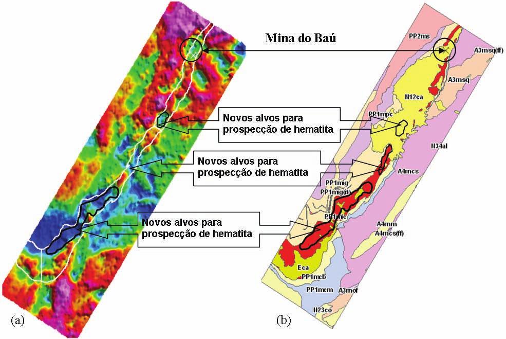 268 MAPEAMENTO LITOLÓGICO UTILIZANDO AEROMAGNETOMETRIA E AEROGRADIOMETRIA GRAVIMÉTRICA Figura 11 Comparação entre o mapa pseudo-litológico(a) e o mapa geológico(b) da região do Baú-Gandarela.