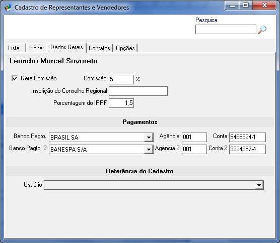 3. Clique na pasta Dados Gerais e preencha os campos da seguinte forma: Gera Comissão (Imagem03) Marque essa opção caso queira gerar comissão para o representante ou vendedor Comissão Informe neste