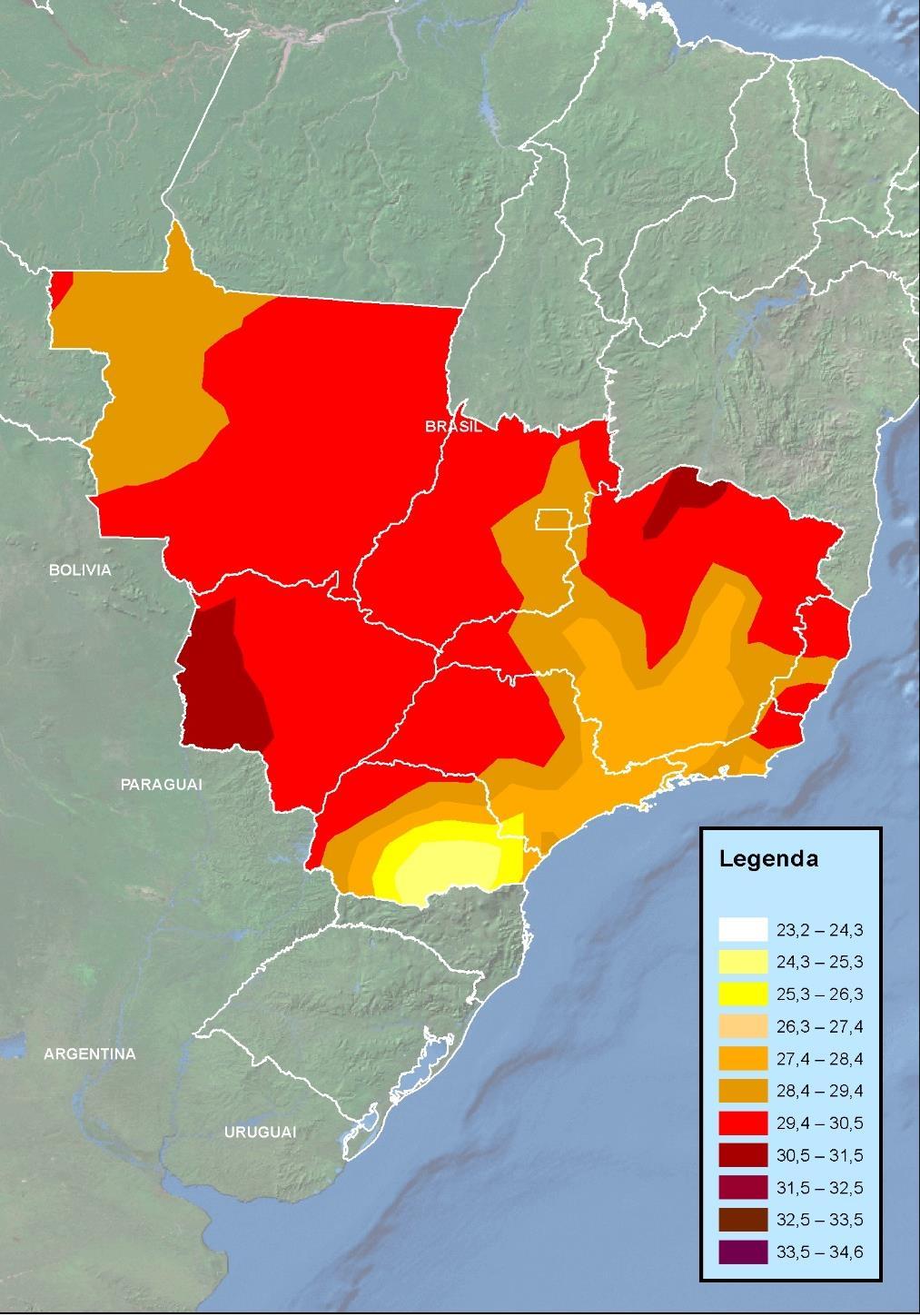 ANÁLISE AGROMETEOROLÓGICA Temperatura Máxima em 2017 Abril foi marcado por temperatura máxima pouco acima da média histórica, oscilando na casa dos 30 C em boa parte dos Estado do Mato Grosso do Sul,