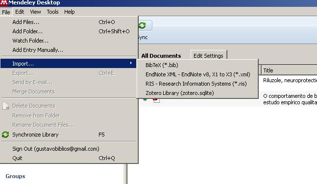 12 3.8. Importando de outros gerenciadores O Mendeley permite também a importação de documentos contidos em outros gerenciadores bibliográficos.
