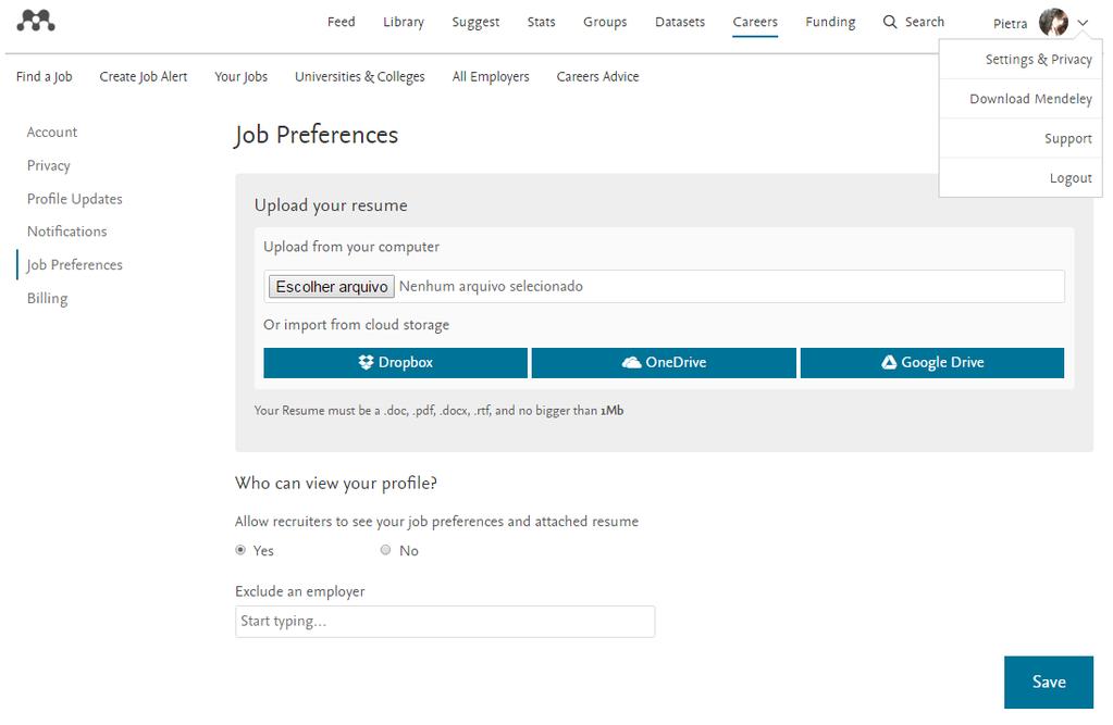 43 28.3. Adicionando um currículo ao Mendeley Vá em Setting & Privacy na seta ao lado do usuário e vá em Job preferences e