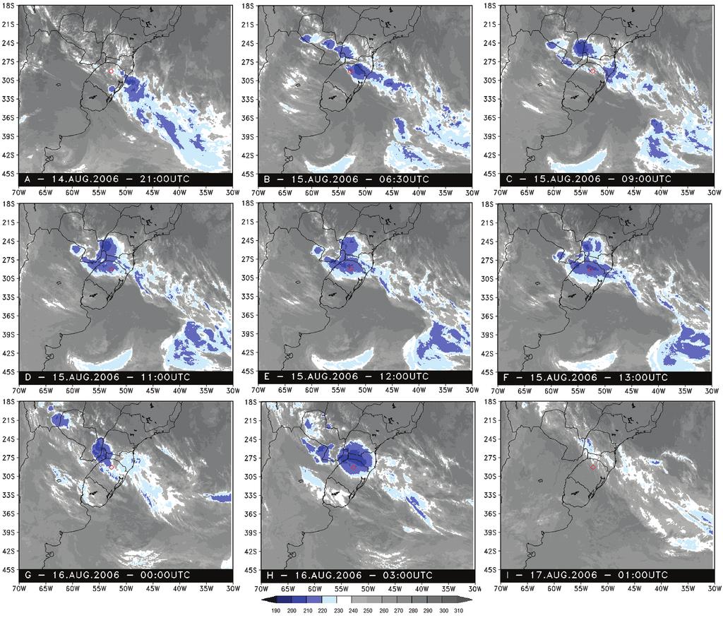 Ocorrência de Granizo Associada a um SCM que Afetou o Rio Grande do Sul em Agosto de 2006 Figura 5 Imagens do satélite GOES 12 no canal 4, mostrando a evolução do SCMGRA-2006 entre os dias 14 e