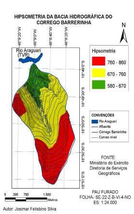 Através do mapa hipsométrico constatou-se que o baixo curso da bacia hidrográfica do BARRERINHO situa-se entre as cotas altimétricas de 580 e 670 metros.