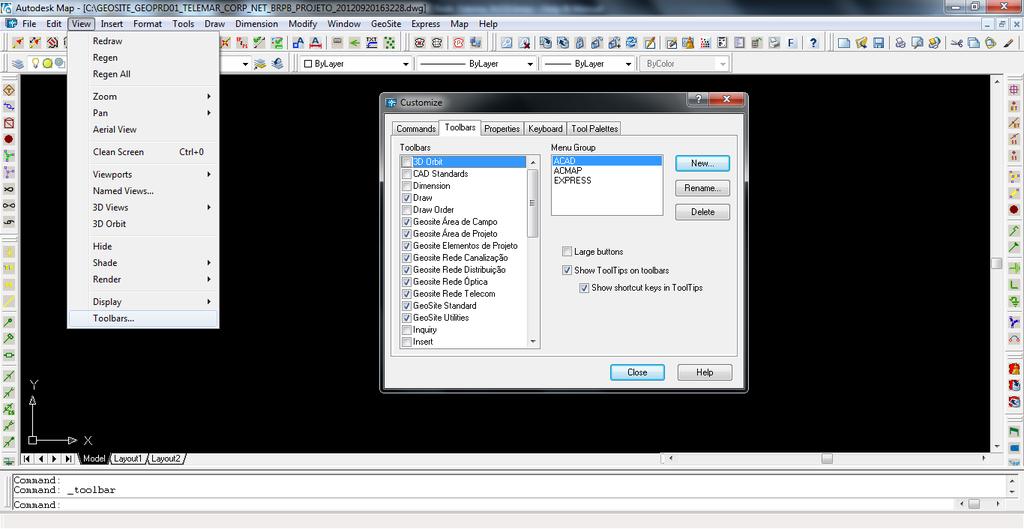 Utilizando Geosite Desktop 4 Utilizando Geosite Desktop 41 Barras de Ferramentas Customizadas 11 As barras de ferramentas são configuradas no menu: View >> Toolbars É necessário verificar quais as